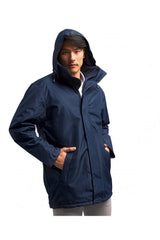 Men’s navy pilot parka jacket worn by model with hood and zip front modelled view