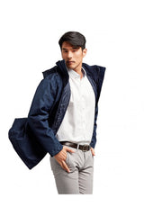 Men’s navy pilot parka jacket worn by model with hood and zip front open view