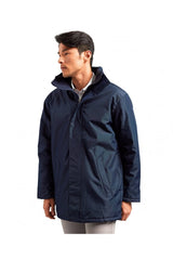 Men’s navy pilot parka jacket worn by model with hood and zip front front view