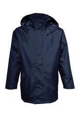 Men’s navy pilot parka jacket with hood and zip front angled view