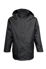 Men’s black pilot parka jacket with hood and zip front angled view