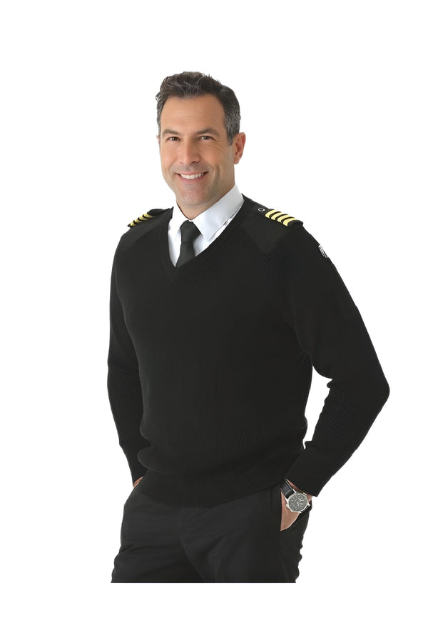 Men’s black pilot jumper sweater worn by model with V-neck and epaulette straps