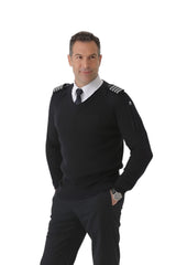 Men’s black pilot jumper sweater full body view with smart uniform style