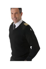 Men’s black pilot jumper sweater side view showing fitted design