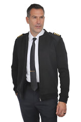 Men’s black sweater jacket worn by model with zip front and structured fit