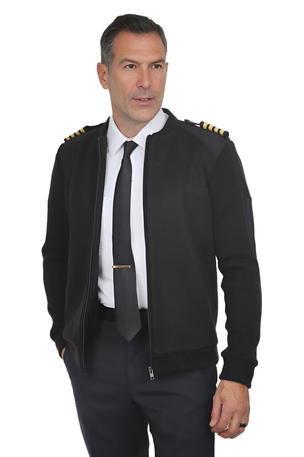 Men’s black sweater jacket worn by model with zip front and structured fit