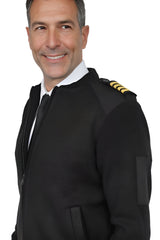 Men’s black sweater jacket close-up on model showing collar and fit