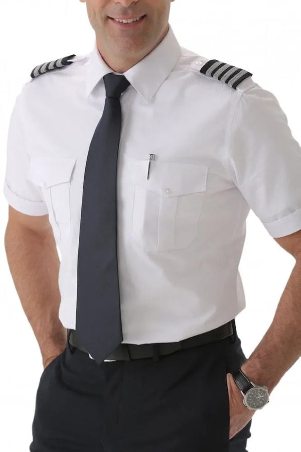 Men’s white fitted pilot shirt short sleeve with epaulettes side view