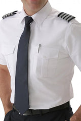 Men’s white fitted pilot shirt short sleeve with epaulettes close side view