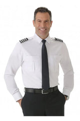 Men’s white fitted pilot shirt short sleeve with epaulettes front view