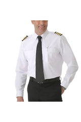 Men’s white relaxed fit pilot shirt long sleeve with epaulette straps chest detail