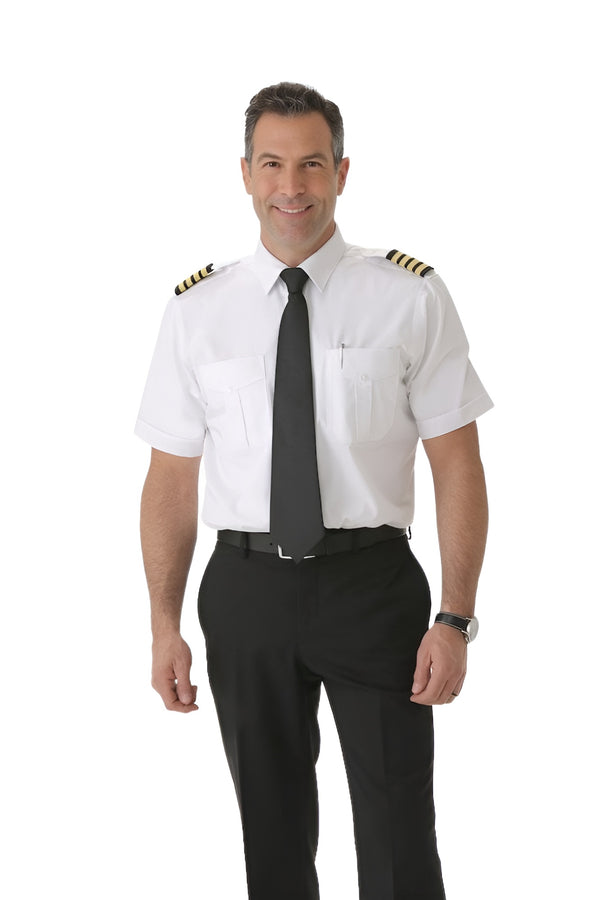 Men’s white relaxed fit pilot shirt short sleeve with epaulette straps