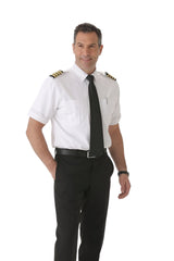 Men’s white relaxed fit pilot shirt short sleeve side view with epaulette straps