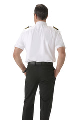 Men’s white relaxed fit pilot shirt short sleeve back view with epaulette straps
