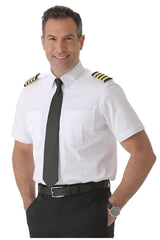 Men’s white tapered pilot shirt short sleeve with epaulette straps front view