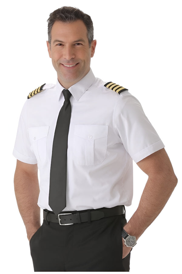 Men’s white tapered pilot shirt short sleeve with epaulette straps front view