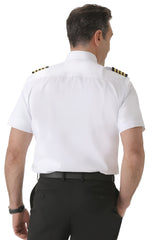 Men’s white tapered pilot shirt short sleeve with epaulette straps back view