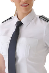 Women’s white pilot shirt short sleeve with epaulette straps close up view