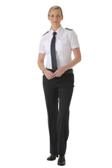 Women’s white pilot shirt short sleeve with epaulette straps distance view