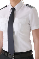 Women’s white pilot shirt short sleeve with epaulette straps close view