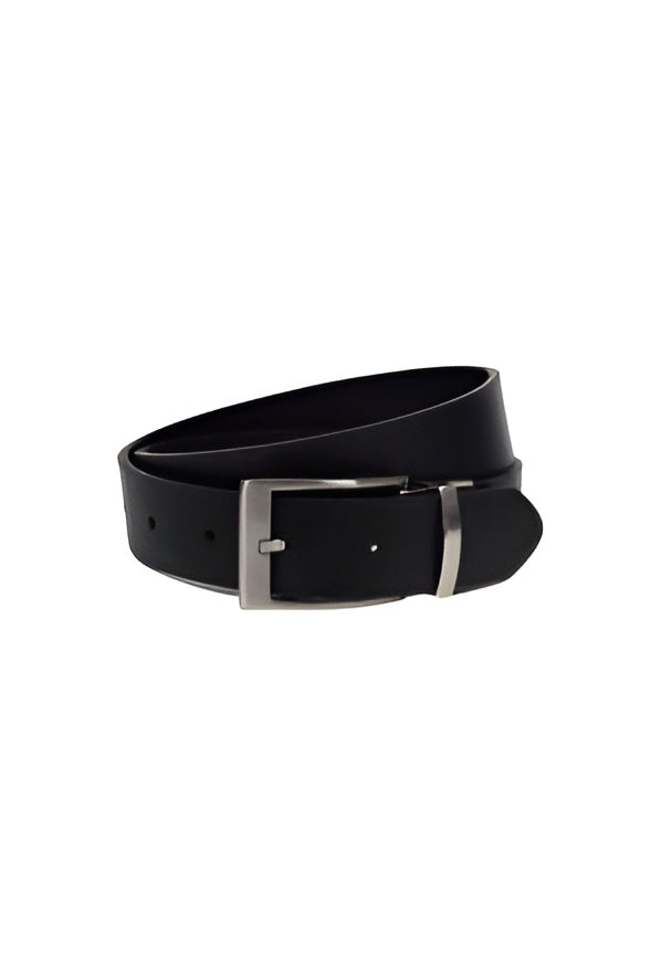 Men’s black leather belt with silver buckle and classic design