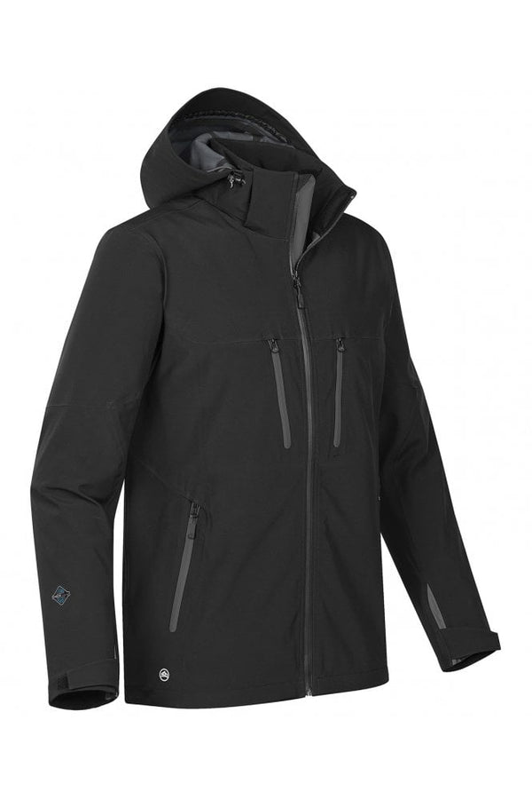Men’s black Stormtech technical softshell jacket with hood and waterproof zippers angled view