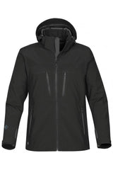 Men’s black Stormtech technical softshell jacket with hood and waterproof zippers front view