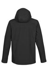 Men’s black Stormtech technical softshell jacket with hood and waterproof zippers back view