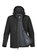 Men’s black Stormtech technical softshell jacket with hood and waterproof zippers interior view
