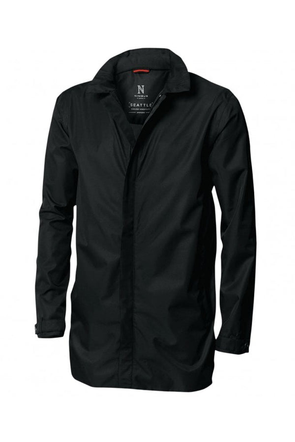 Men’s black waterproof pilot jacket by Nimbus, featuring a sleek minimalist design, front zipper, and mid-length cut.
