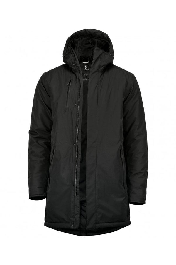 Men’s black urban tech parka jacket with hood and longline design front view