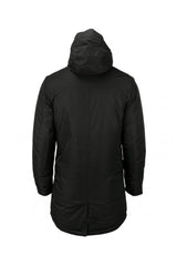 Men’s black urban tech parka jacket with hood and longline design back view