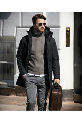 Men’s black urban tech parka jacket with hood and longline design