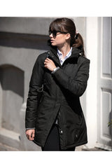 Women’s black urban tech parka jacket with hood and longline design