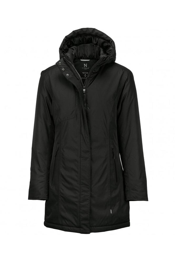 Women’s black urban tech parka jacket with hood and longline design front view