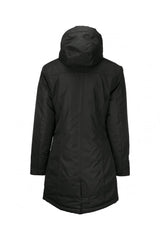 Women’s black urban tech parka jacket with hood and longline design back view