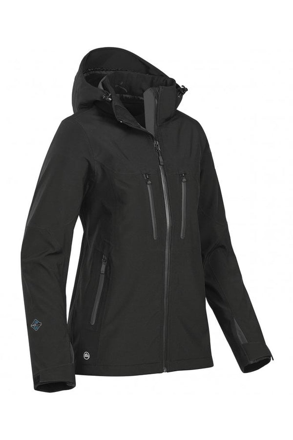 Women’s black Stormtech technical softshell jacket with hood and waterproof zippers